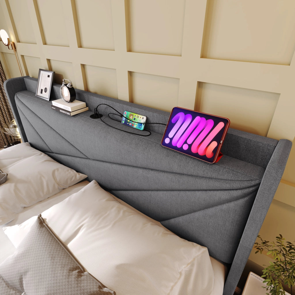 OKWISH Letto Contenitore 140×200 cm, Letto Matrimoniale con USB, Tipo C e Testiera, senza Materasso, in Tessuto Lino Cotone, Grigio
