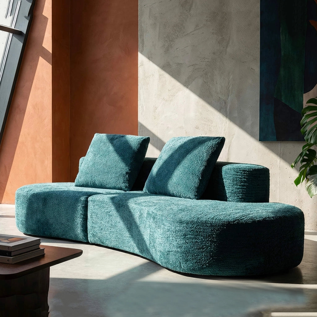 Masule, Divano Fisso 2 Posti Rivestimento in Tessuto Bouclè, 40x43x115h cm blu Petrolio