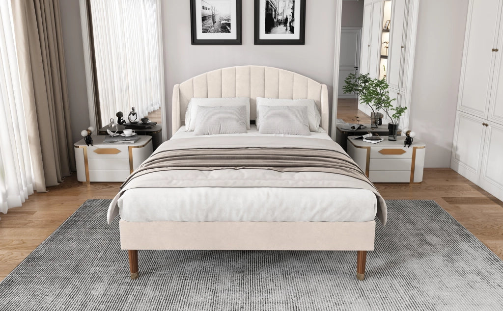 DESMIU Letto Matrimoniale Imbottito 2 Posti con Testiera Imbottita, Struttura Stabile, 140 × 190 cm, Senza Materasso, Beige