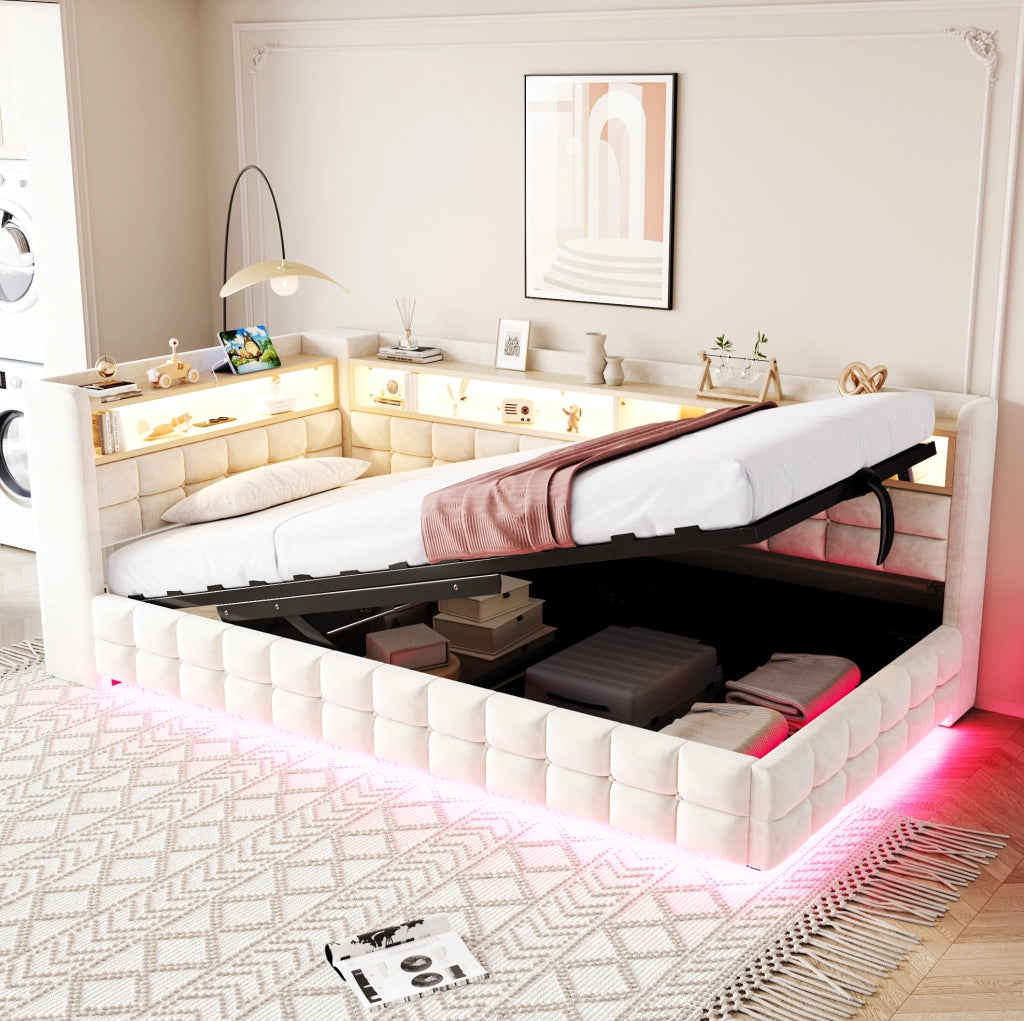 Letto imbottito multifunzione 90x200 cm con contenitore, LED e prese