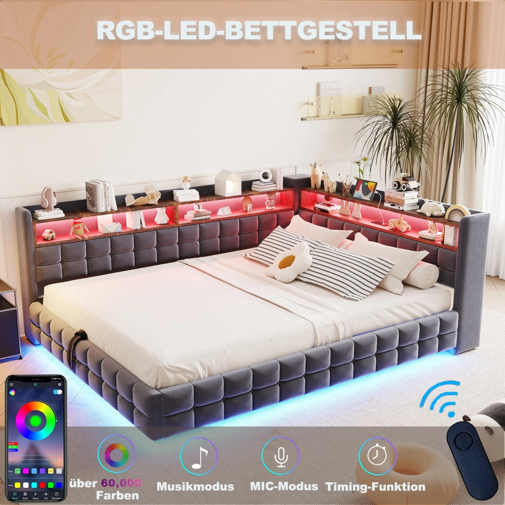 DESMIU Letto imbottito 140 × 200 cm 2 posti con contenitore, USB, Type-C, LED, senza materasso, grigio
