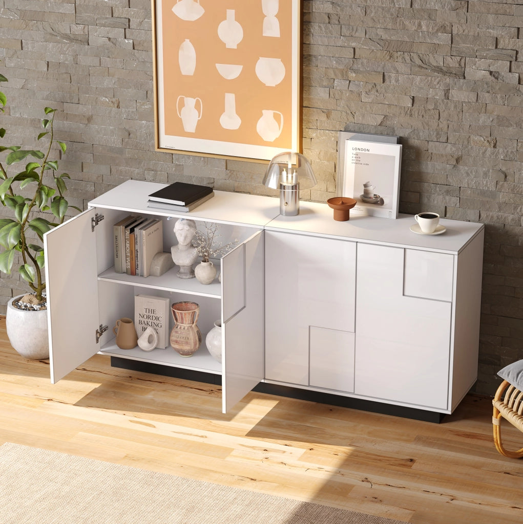 Sideboard da soggiorno 160x37x75;5 cm con 4 ante; bianco lucido e base nera