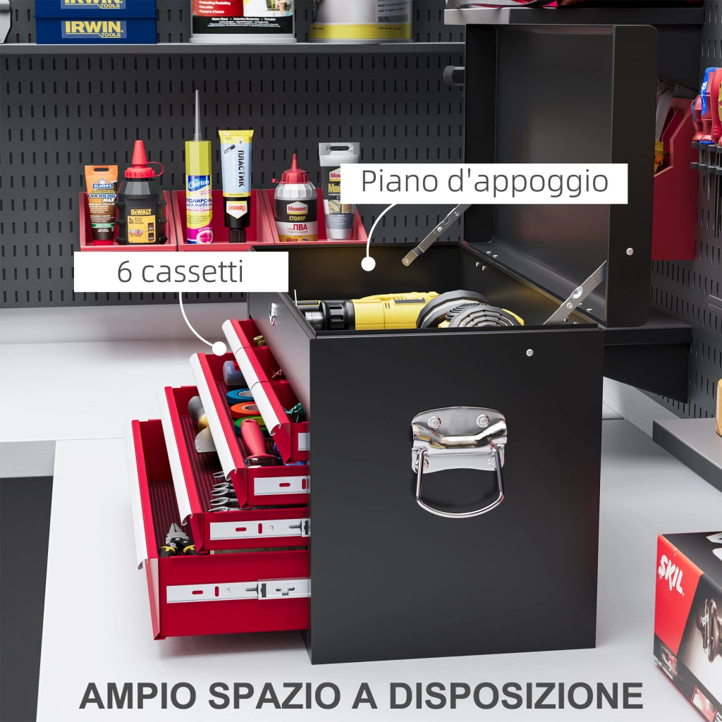Cassettiera 6 Cassetti in Acciaio ¨C Minimal ¨C 60x26x34cm, Nero e Rosso