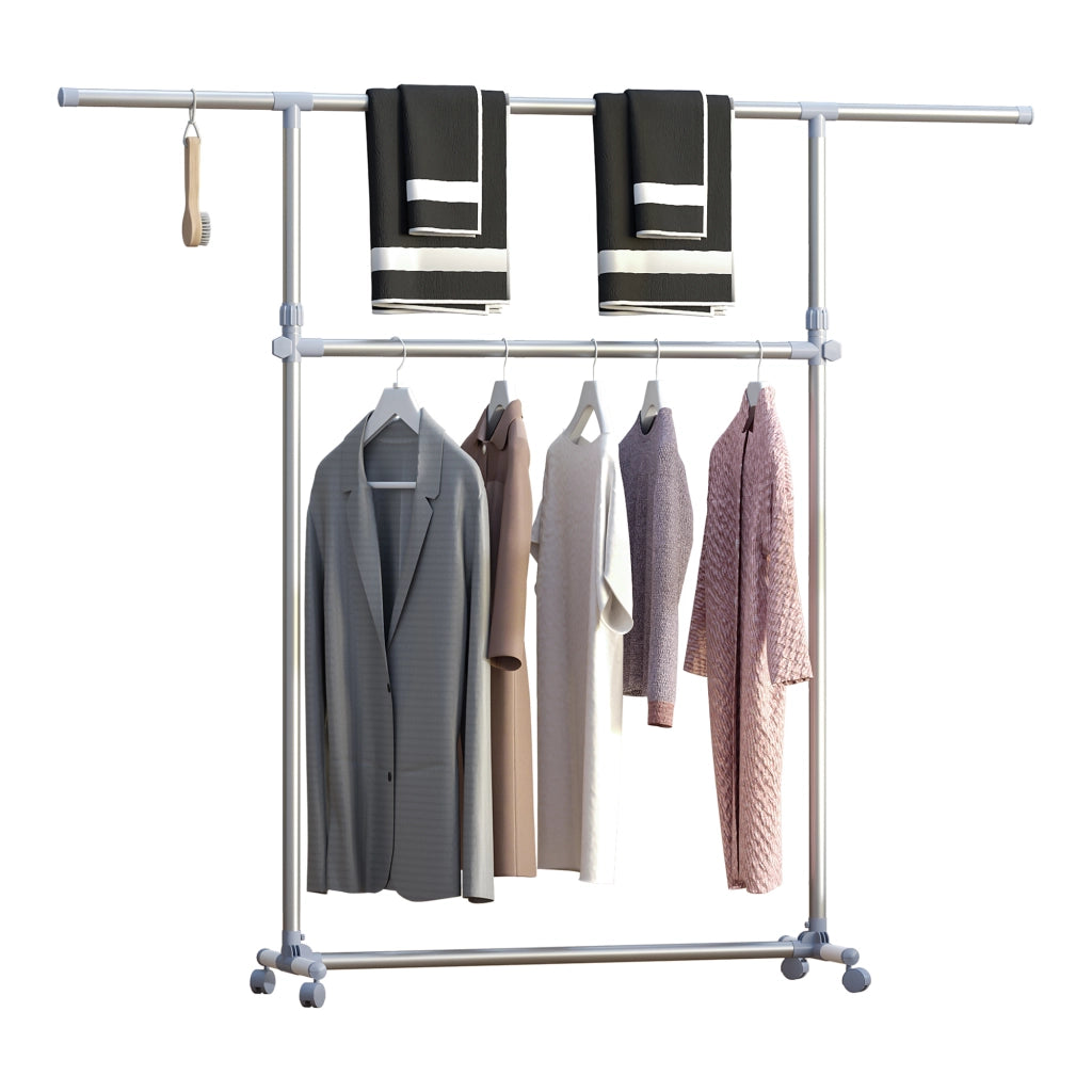 Stender Appendiabiti con Altezza ed Estensione Regolabili, 4 Ruote Girevoli, Acciaio Inox e ABS, 165x48x180cm
