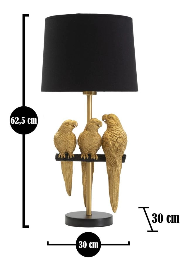 Lampada da tavolo con pappagalli dorati, paralume nero diam 30x62.5cm