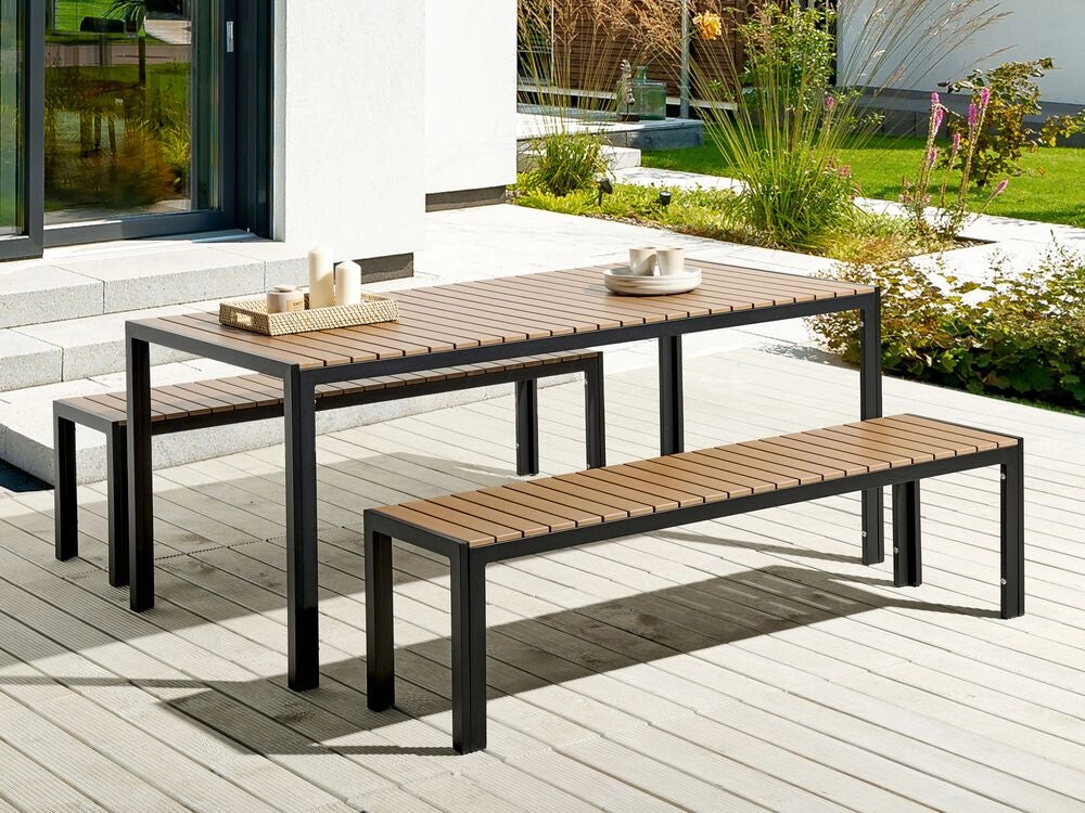 Set da Pranzo da Giardino Tavolo Rettangolare 2 Panche Telaio Alluminio anodizzato Legno Chiaro e Nero esterno terrazzo