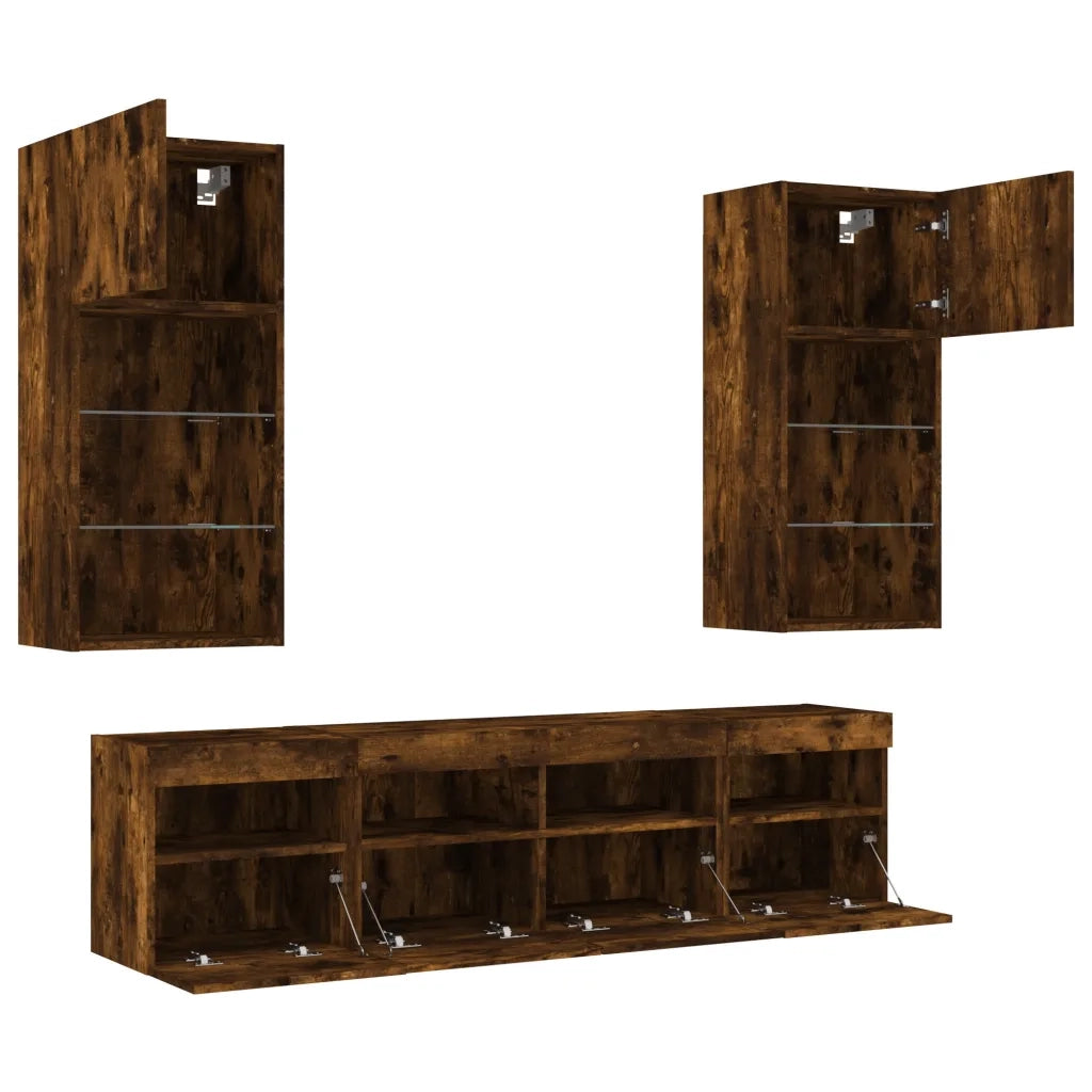 Mobili TV a Muro con LED 5pz | Armadietto TV | Mobile Porta TV Rovere Fumo in Legno Multistrato