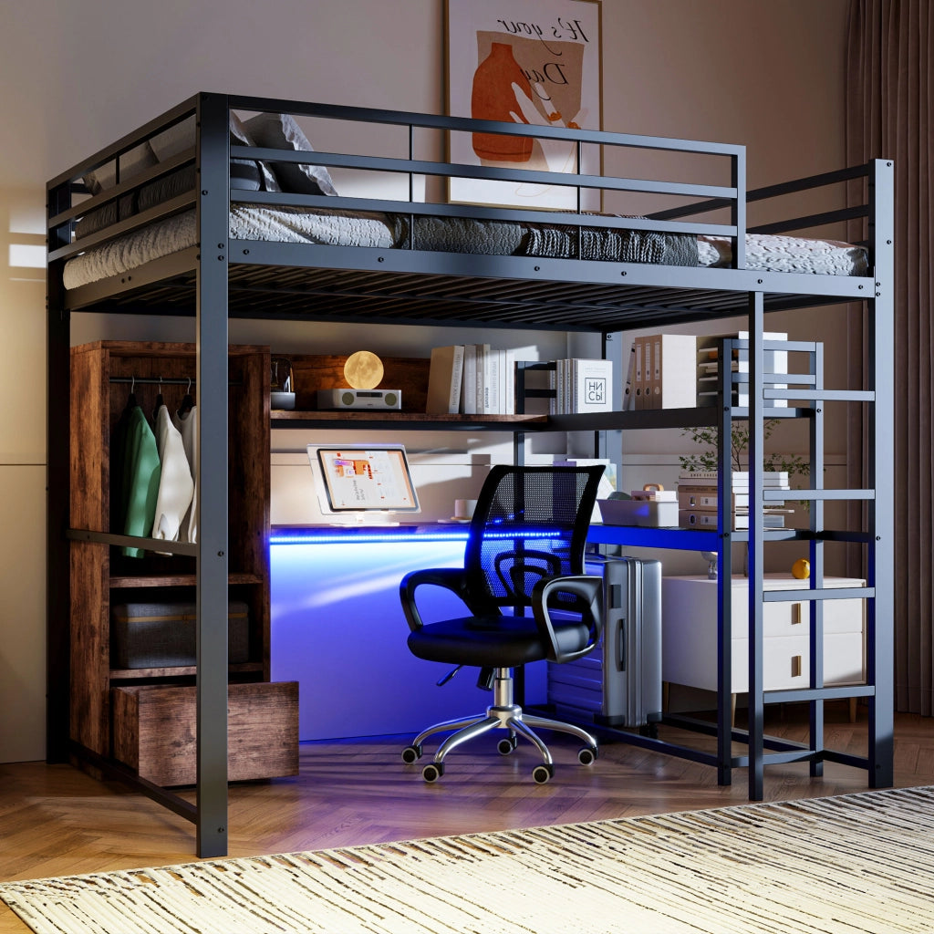 LETTO a soppalco con scrivania e LED 140x200 cm metallo e MDF nero