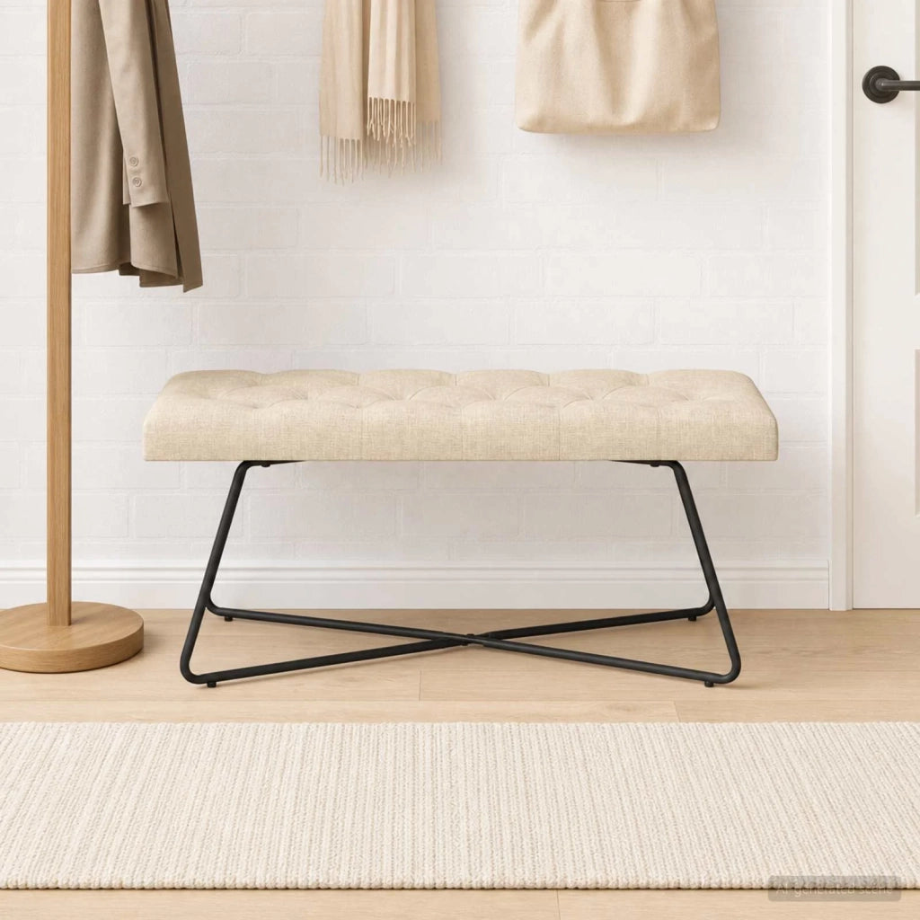 Panchina con bottoni imbottiti Crema 110 x 40 x 46 cm Tessuto 42038378