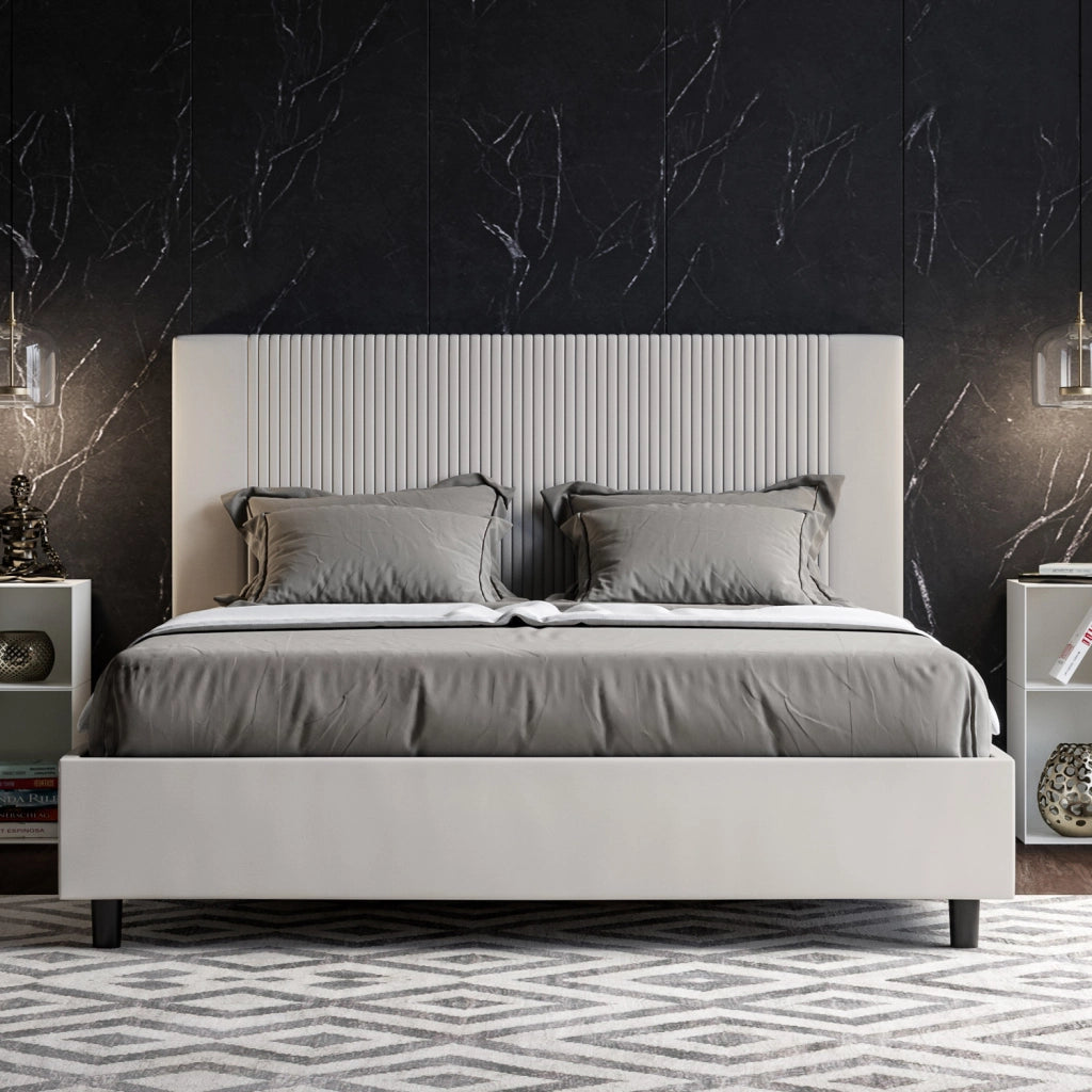 BS COM Letto matrimoniale contenitore doppia alzata imbottito 160x200 similpelle bianco