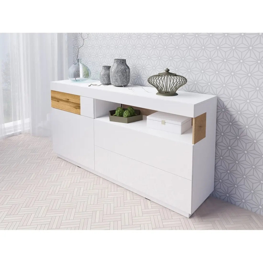 Collezione buffet KILES 170cm, con LED integrato. Colori bianco e rovere. Stile design.
