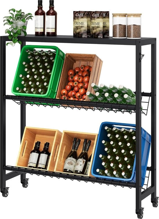 Riciclatore di bottiglie con pannelli e supporto metallico per 6 casse, ruote industriali e gambe regolabili, verniciato resistente ai graffi, inclusa bottiglia apripistoni, 110 x 112 x 32 cm