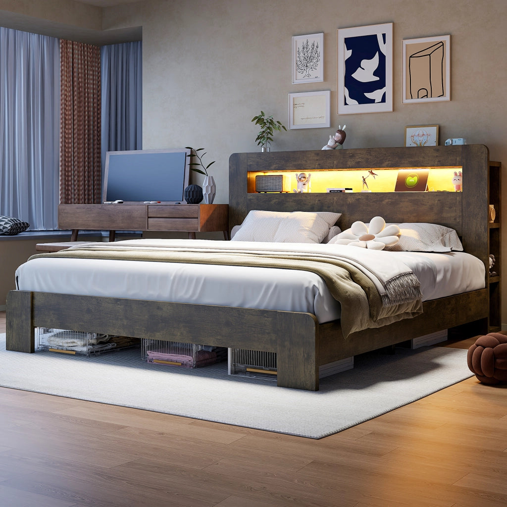 DESMIU Letto matrimoniale 180 × 200 cm con vano portaoggetti, LED e prese integrate, senza materasso, legno vintage