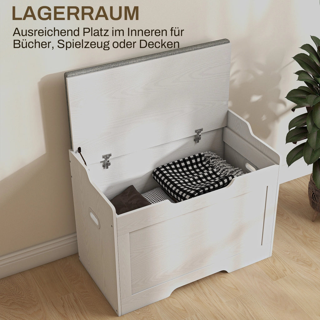 Cassapanca contenitore da 103 litri con coperchio, seduta, panca contenitore, cuscino della seduta removibile, per soggiorno, camera da letto, bianca