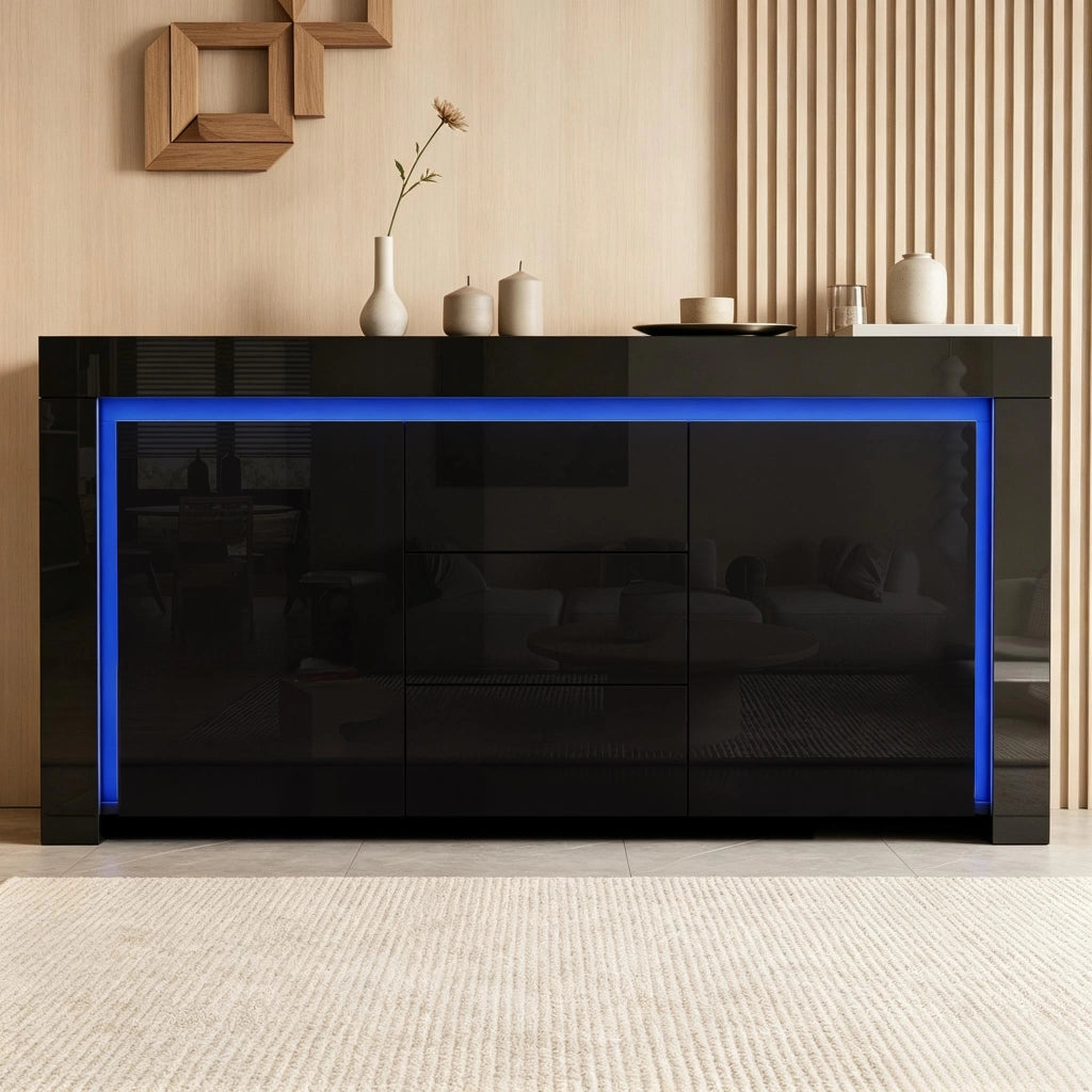 MADIA 140x40x65 cm MDF Nero Lucido con LED 2 Ante e 3 Cassetti