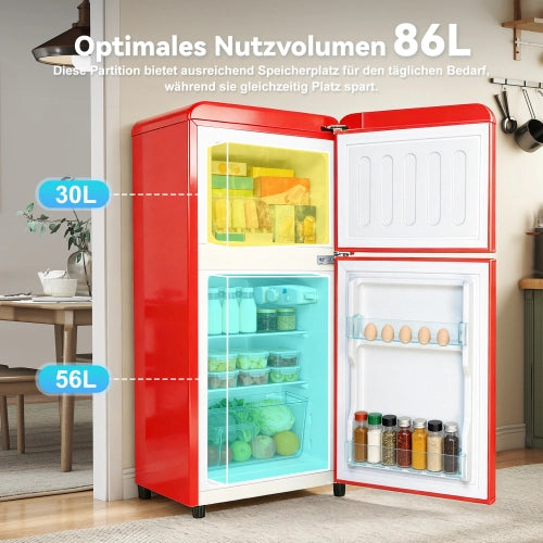 Frigorifero a doppia porta (86L) – controllo della temperatura a 7 livelli; classe di efficienza energetica E; luce a LED; ripiani regolabili e portauova – rosso