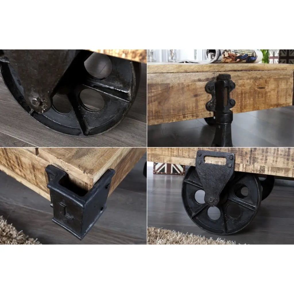 Tavolino basso RAIL industriale su ruote 110 cm – Legno di mango massiccio e metallo