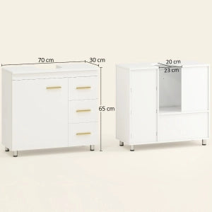 MOBILETTO SOTTOLAVABO 70x30x65 cm Bianco con 2 ripiani e 3 cassetti