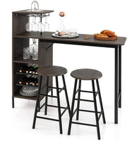 Set 3 Pezzi Tavolo e Sedie da Bar, Tavolo e Sgabelli da Pub Industriale con Porta Calici e 6 Portabottiglie da Vino, Set di Tavolo per Sala da Pranzo, Ristorante e Bar (Marrone)
