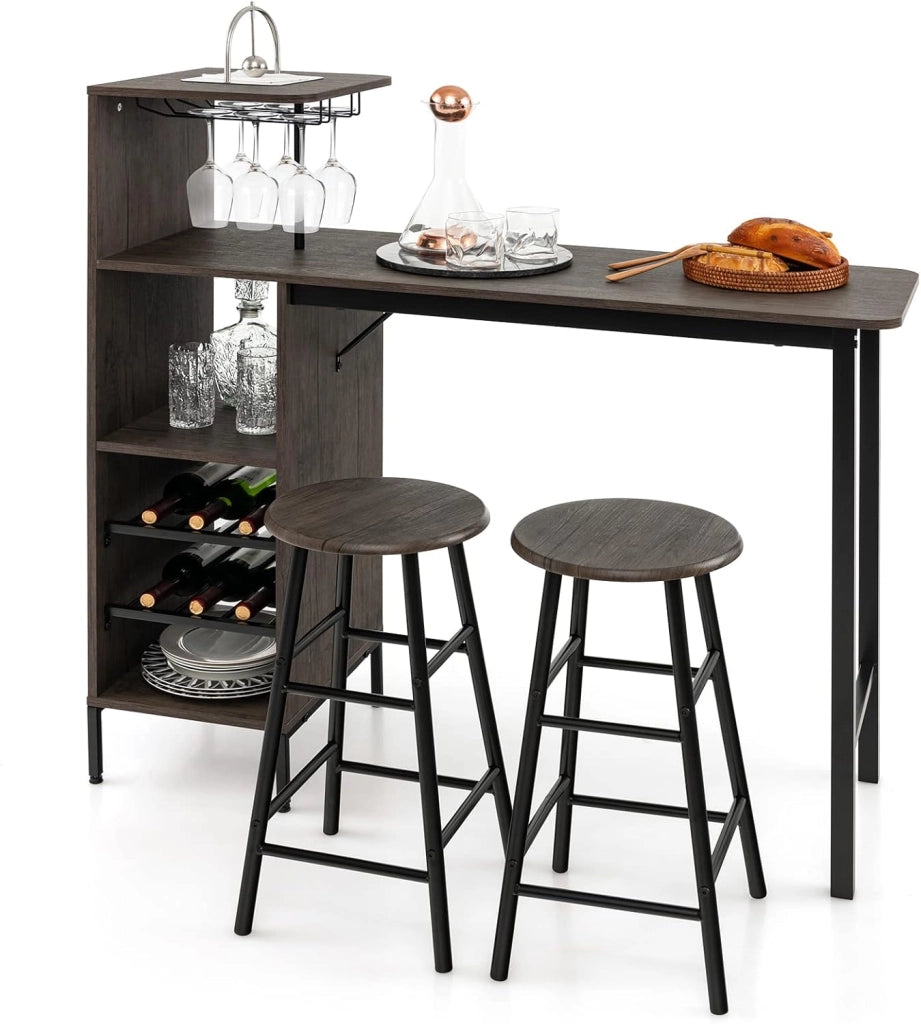 Set 3 Pezzi Tavolo e Sedie da Bar, Tavolo e Sgabelli da Pub Industriale con Porta Calici e 6 Portabottiglie da Vino, Set di Tavolo per Sala da Pranzo, Ristorante e Bar (Marrone)