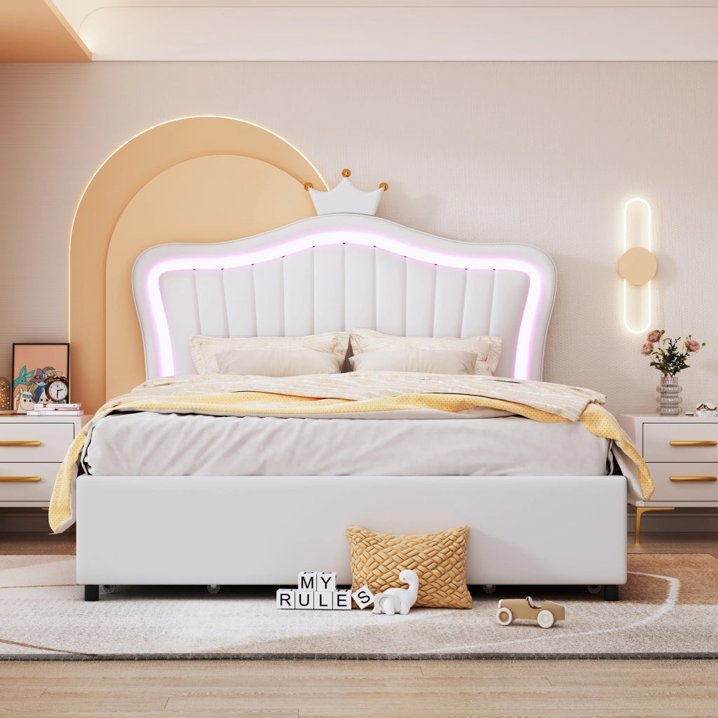 LETTO imbottito 140x200 cm bianco in PU con 4 cassetti e LED