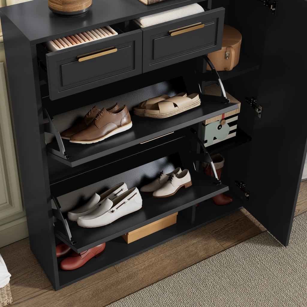 Scarpiera Moderna con Cassetti, Ante e Ripiani ¨C MINIMAL ¨C Nero, 95x24x107