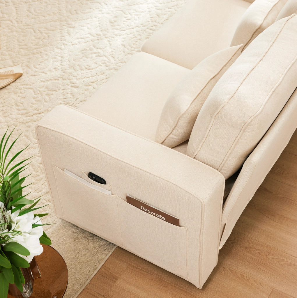 Divano 4 posti 290x83x88 cm con porta USB; 2 portabicchieri e tasche laterali in tessuto lino beige