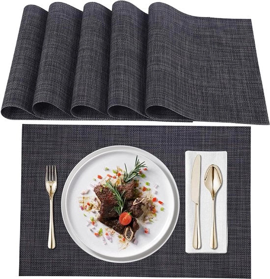 Set di 6 tappeti da tavola, tappeti da tavola, PVC, resistente al calore, adesivo, resistente al calore, impermeabile, lavabile (nero)