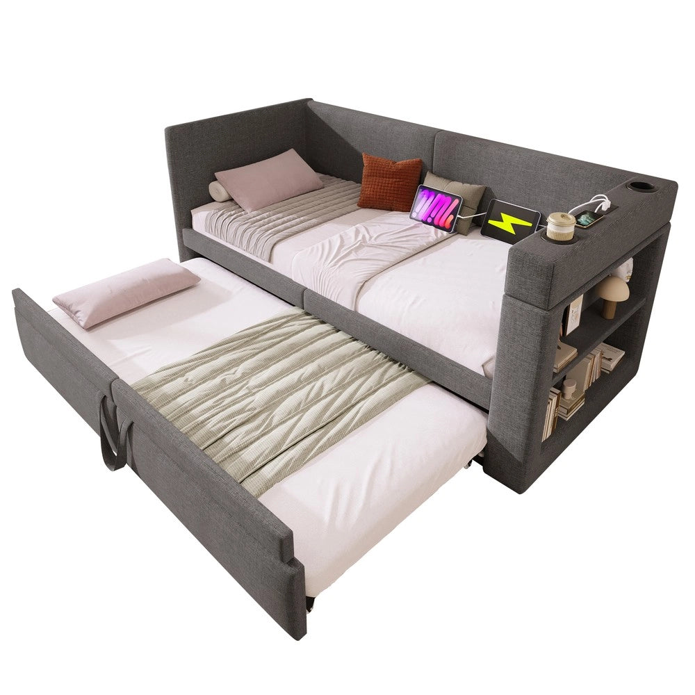 Letto Singolo Imbottito con Divano Estraibile ¨C MINIMAL ¨C Tessuto Grigio 90x200