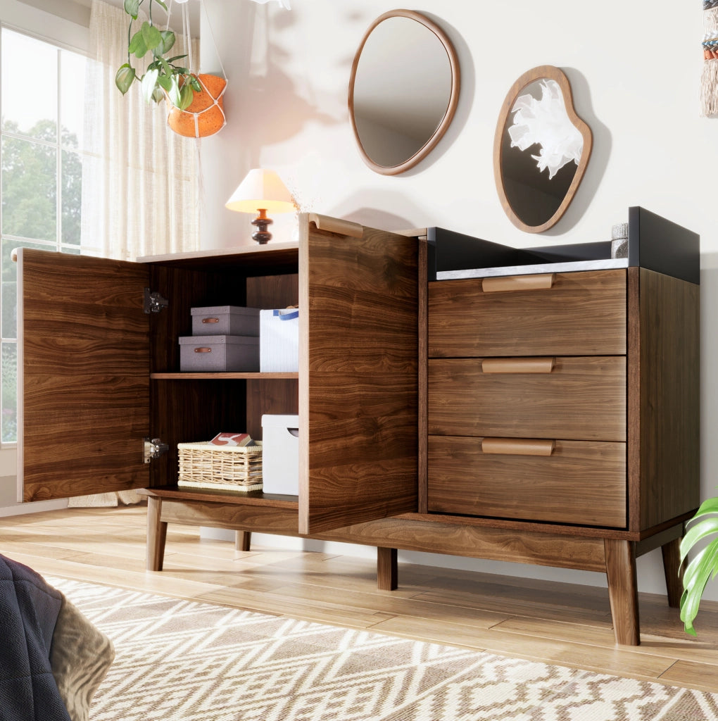 Credenza 120x40x77 cm con 3 cassetti e armadietto a 2 ante; ripiano regolabile in legno e metallo rovere scuro
