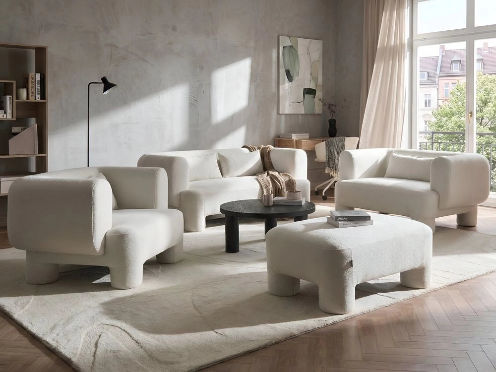 Set da salotto Divano a 3 posti in tessuto bianco morbido e sinuoso Poltrona Loveseat Pouf Stile retrò minimalista