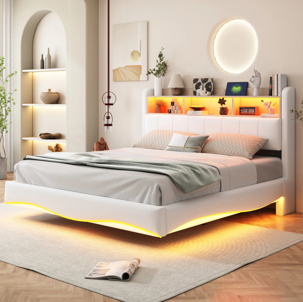 Letto imbottito 160x200 con LED, USB-C e vano contenitivo beige