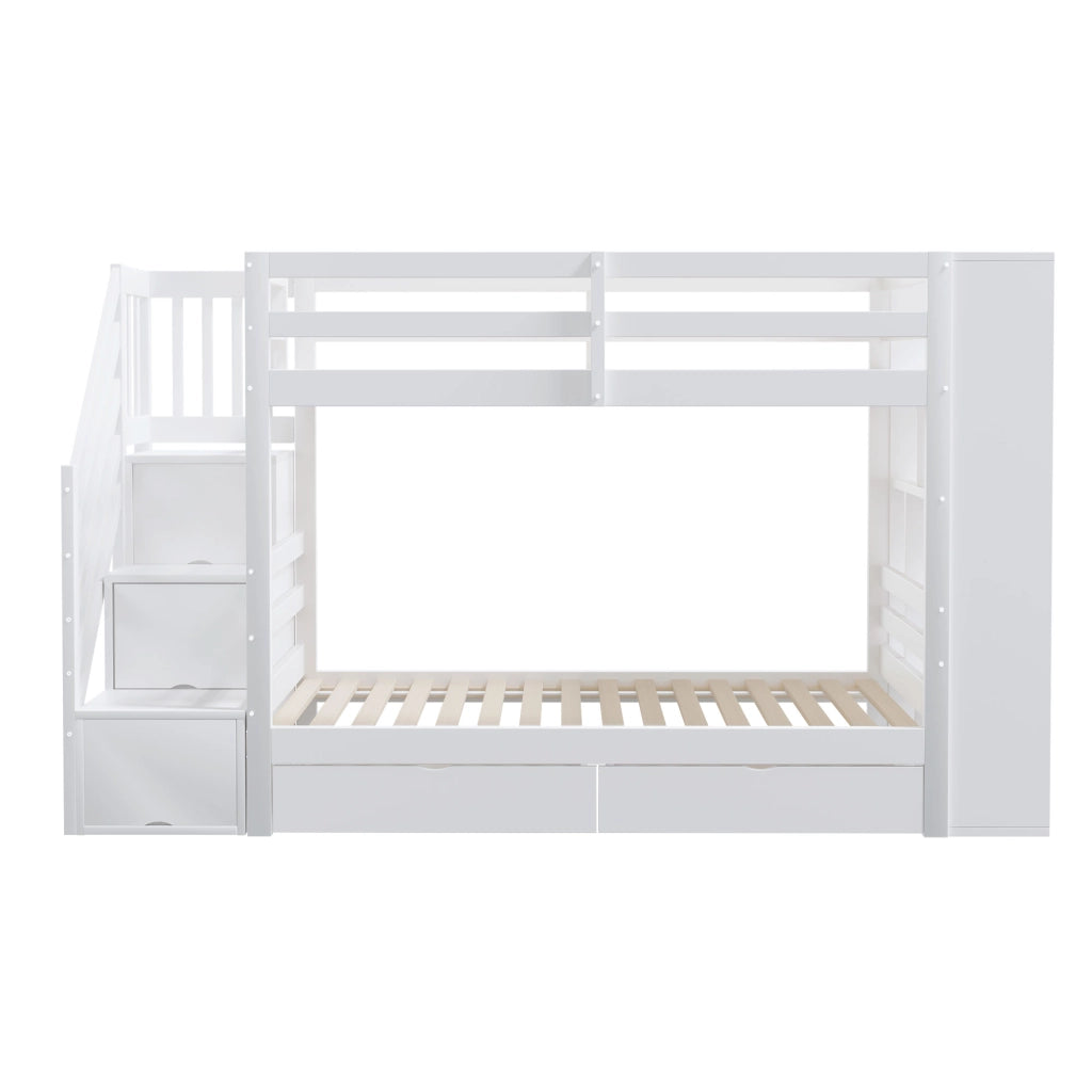 OKWISH Letto a Castello 90×200 cm, Letto Singolo con Scala con Contenitori, 2 Cassetti, Armadietti e Sponde Alte, senza Materasso, Bianco