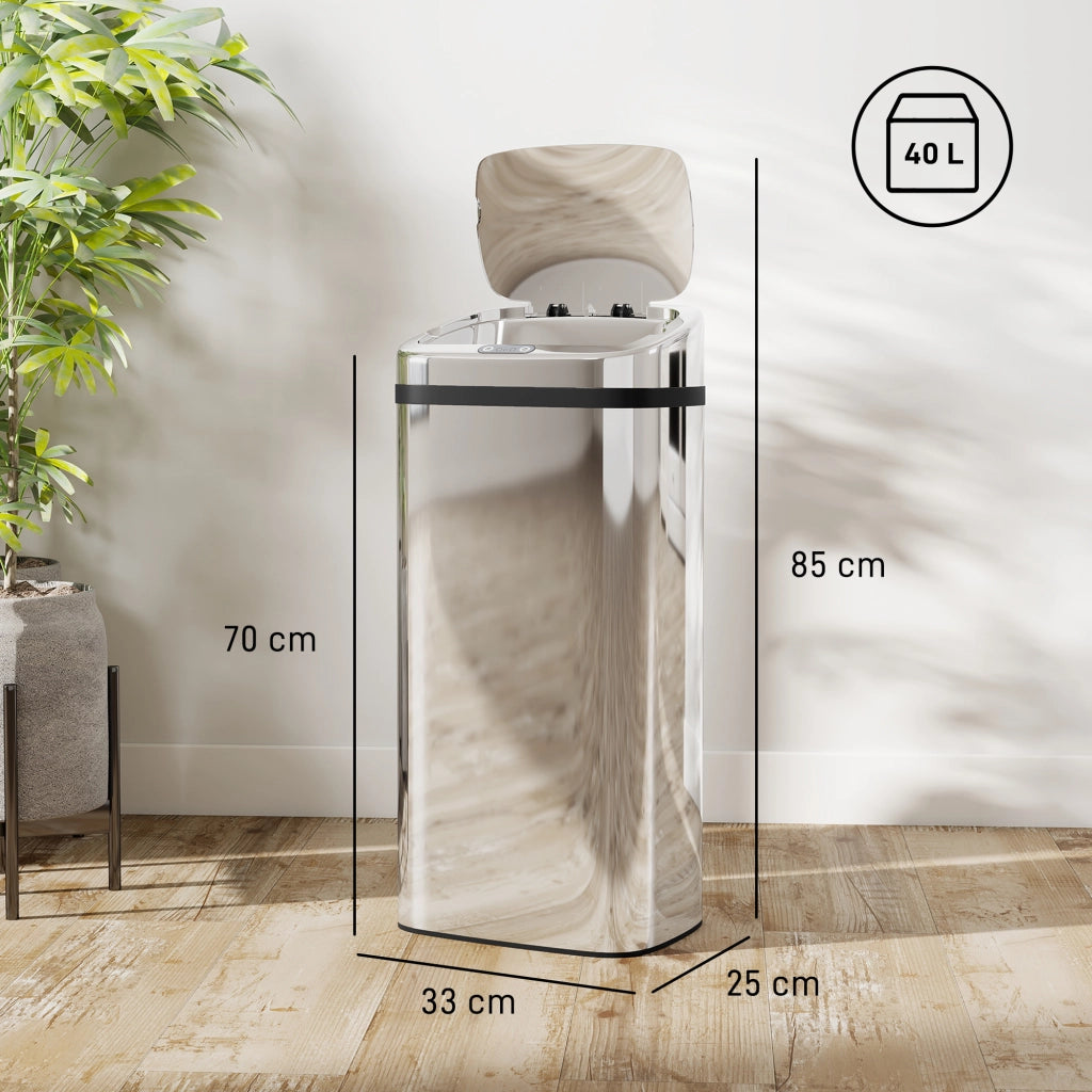 Bidone per Rifiuti da 40L con Sensore per Apertura e Chiusura Automatica, 33x25x70 cm, Argento