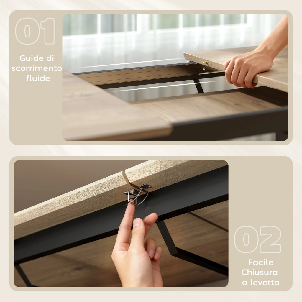 Tavolo da Pranzo Industriale per 6-8 Persone con Ribalta Rotonda. in Legno e Acciaio. 180x80x75 cm