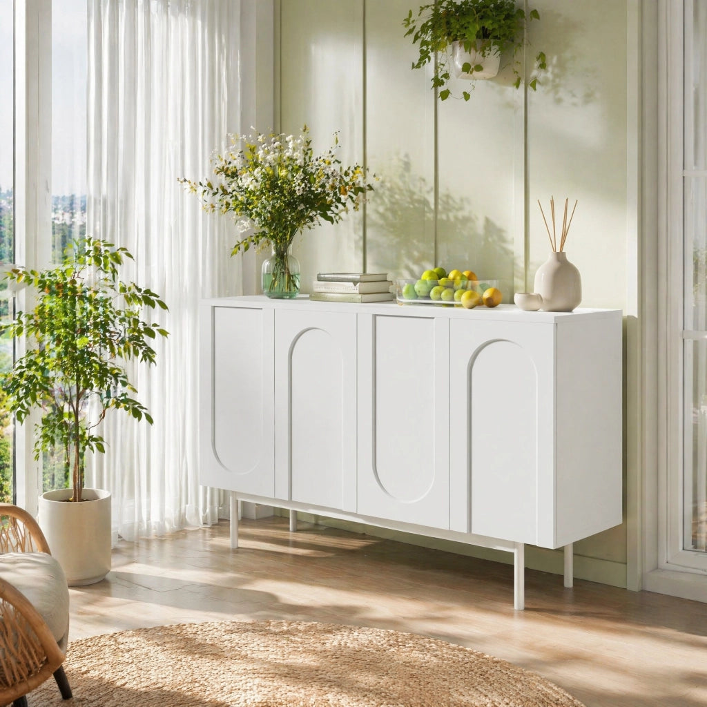 Sideboard moderno bianco con 4 ante; 2 ripiani regolabili; in MDF e metallo; 2 colli