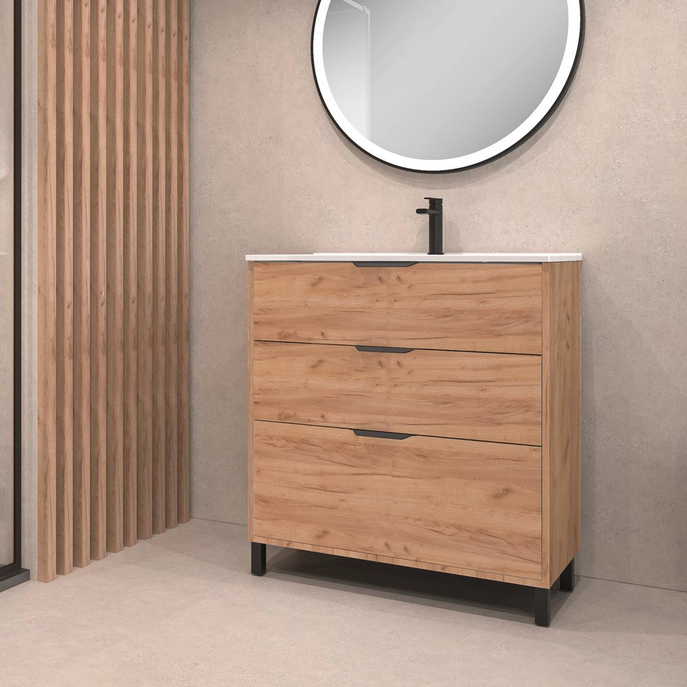 Mobile bagno Triana rovere con 3 cassettoni e lavabo 80x38x85H