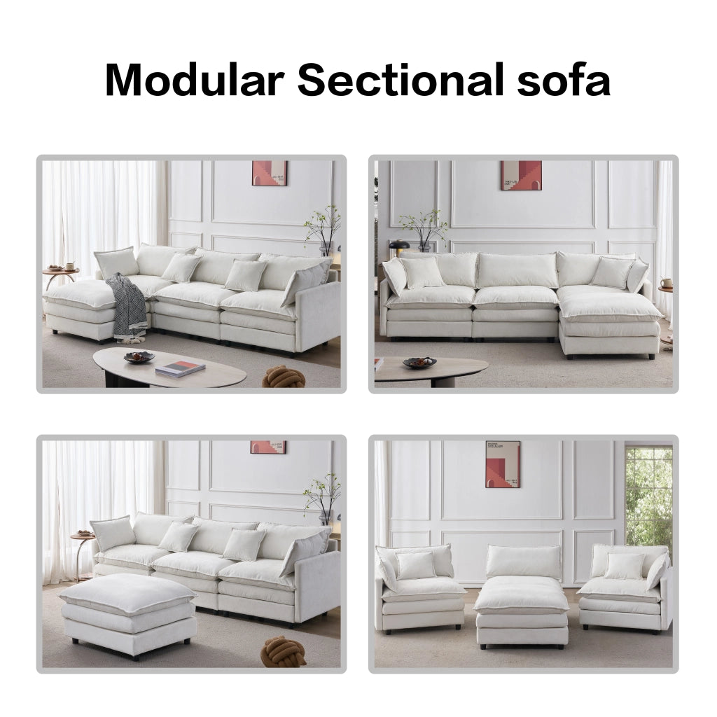 Divano angolare modulare 3 posti con pouf in Chenille Beige