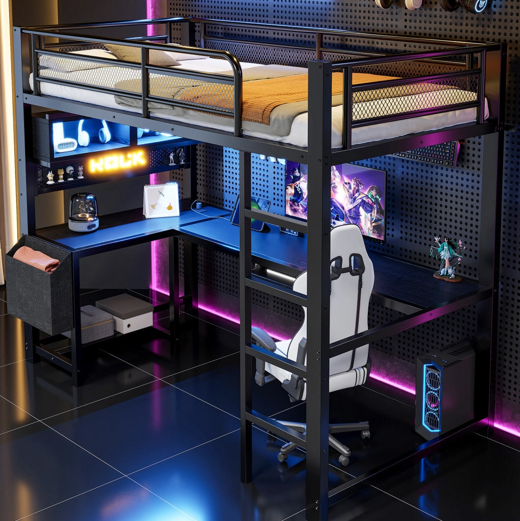 Letto a soppalco 90x200 cm con scrivania, LED e ricarica USB