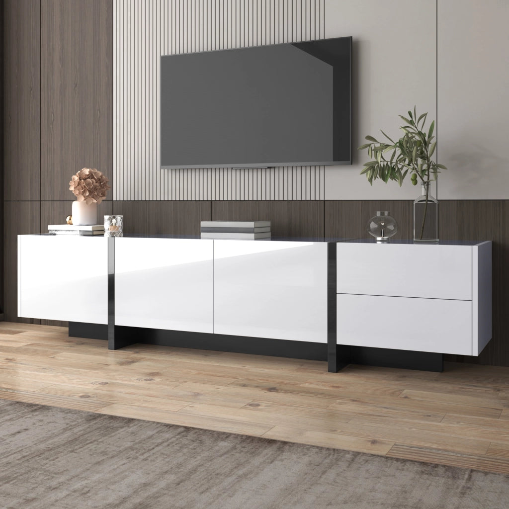 Cassettiera TV bianca lucida e nera; in truciolato; lunghezza 190 cm