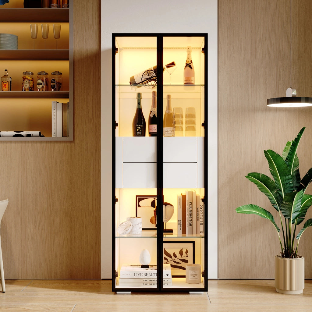 Vetrina con 1 anta; 2 cassetti; ripiani regolabili e LED per soggiorno; in MDF e vetro; bianco; 60×40×160 cm