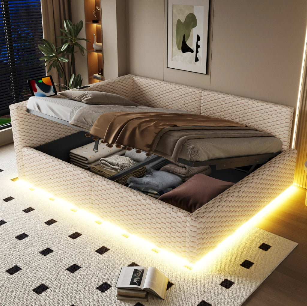 Letto imbottito 140x200 cm con contenitore, LED e porte USB/Type-C