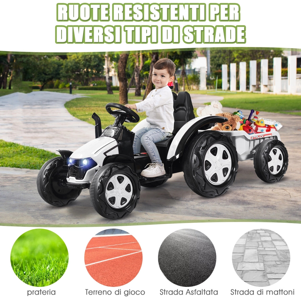 Trattore elettrico per bambini con rimorchio e telecomando, Trattore giocattolo con cintura di sicurezza Bianco-Macchinine giocattoli