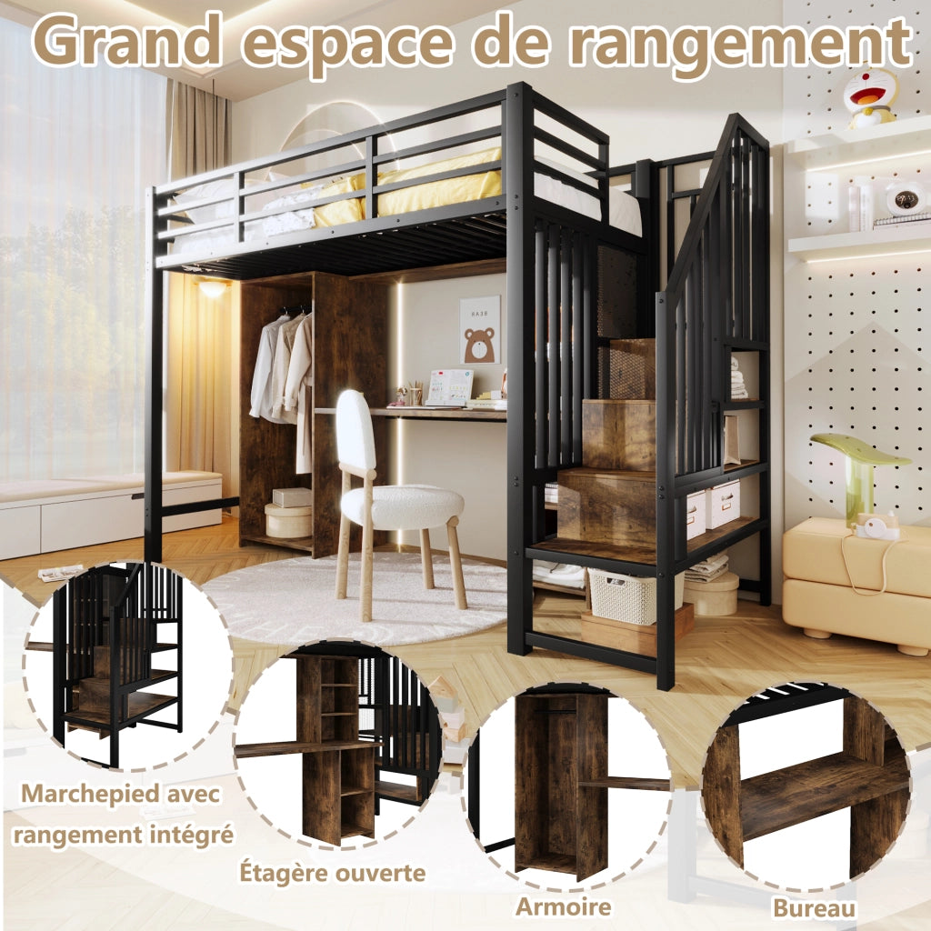 Letto a soppalco singolo 90×200 cm con armadio; scrivania e ripiani; senza materasso; metallo; nero