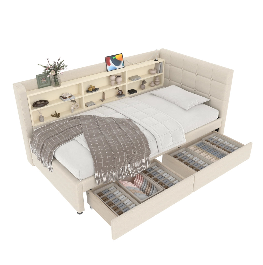 Letto daybed 90x200 cm in lino beige con 2 cassetti e porte USB