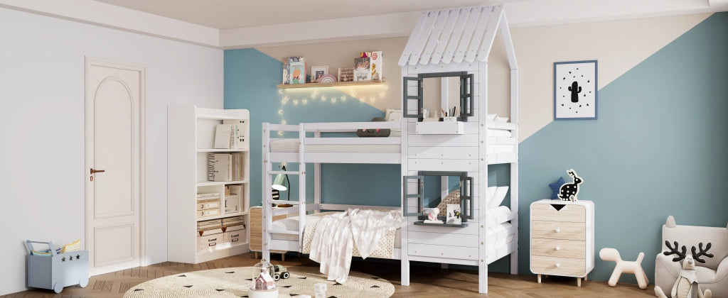DESMIU Letto a castello bambino 90 × 200 cm con finestra, scala, sponde, senza materasso, legno, bianco