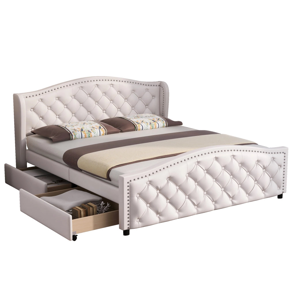 LETTO Imbottito Chesterfield 160x200 cm Bianco PU con 2 cassetti