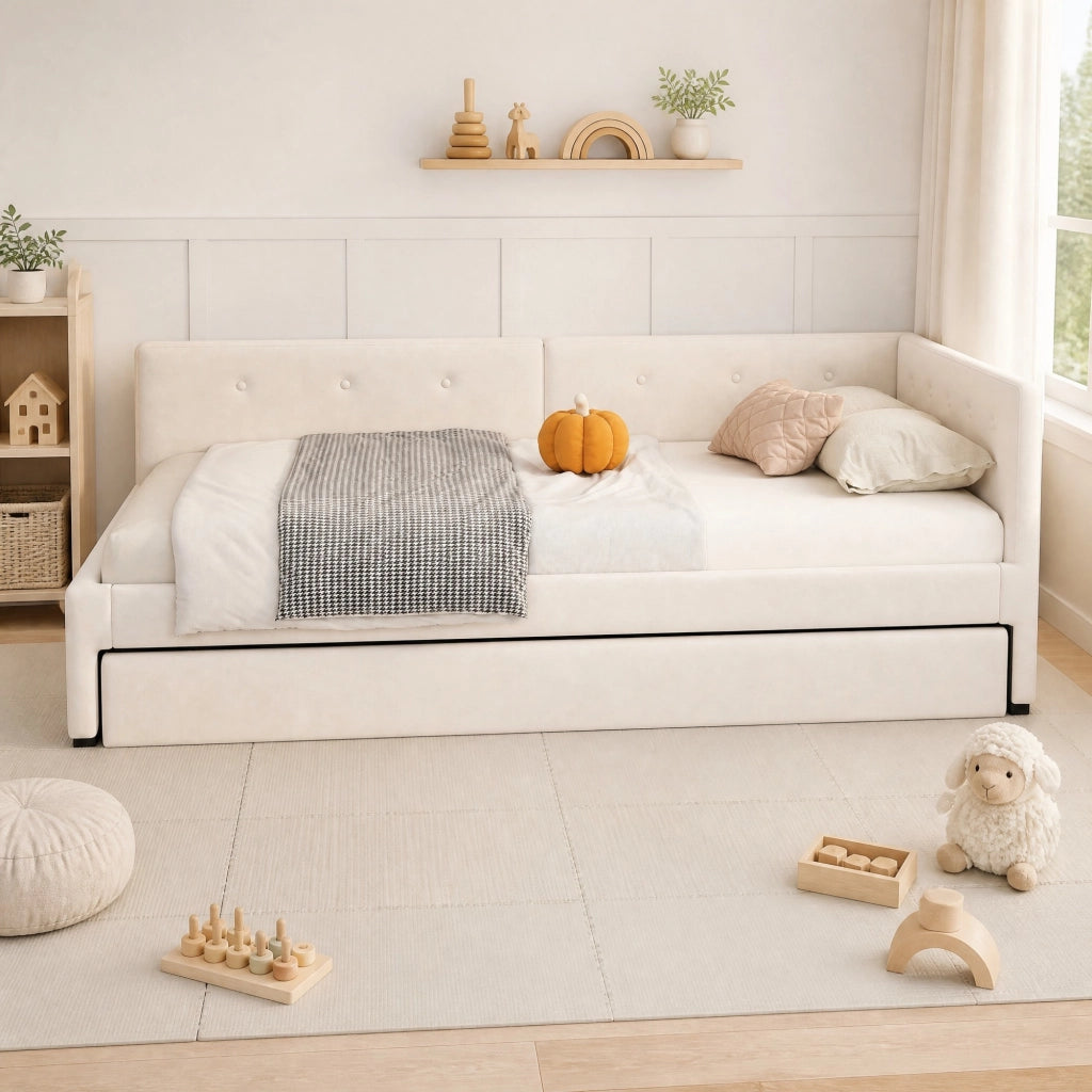 Letto estraibile 90x200 cm in velluto beige, salvaspazio e moderno