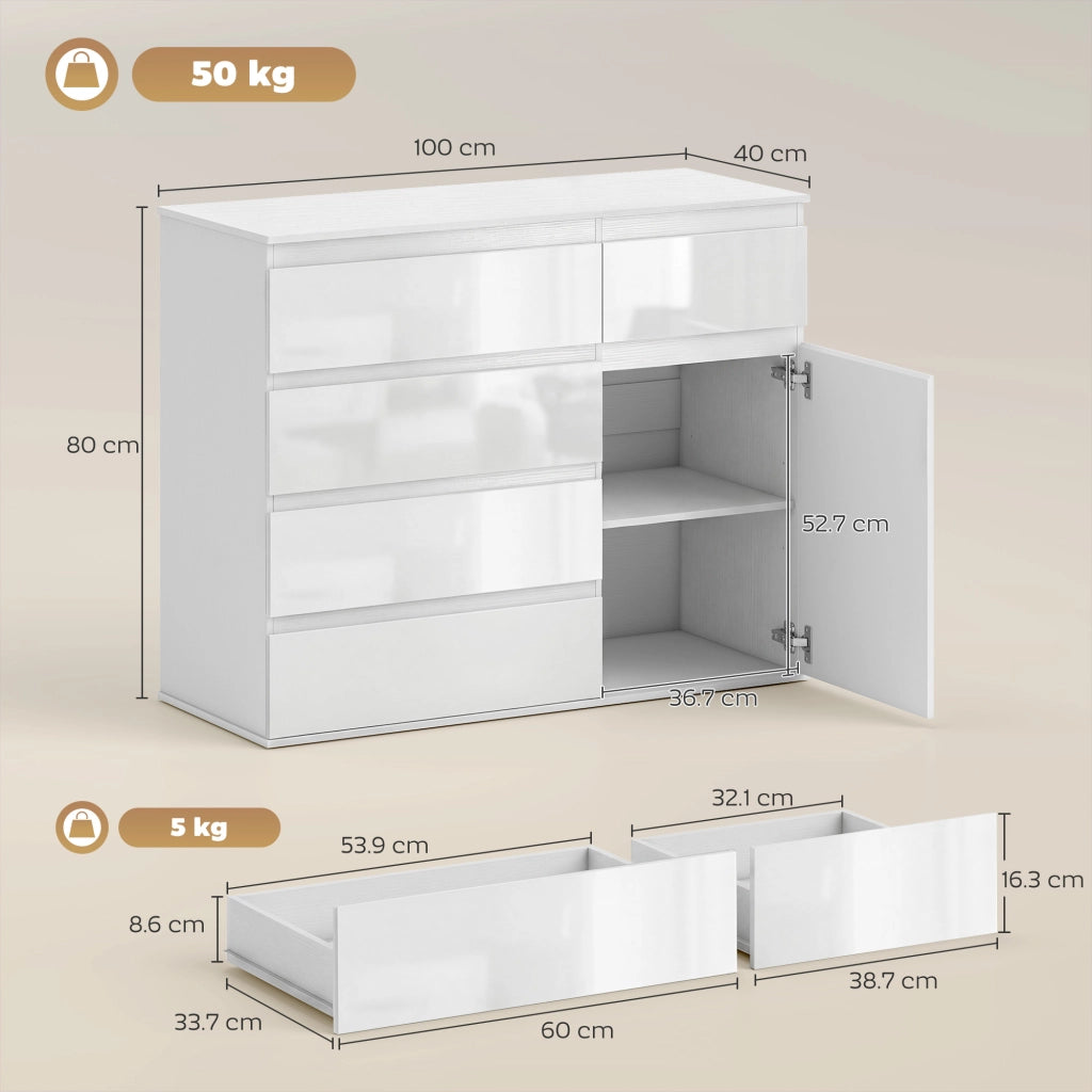 Credenza Mobile Basso 100x40x80 cm con 5 Cassetti Ripiano Regolabile in MDF Bianco Lucido