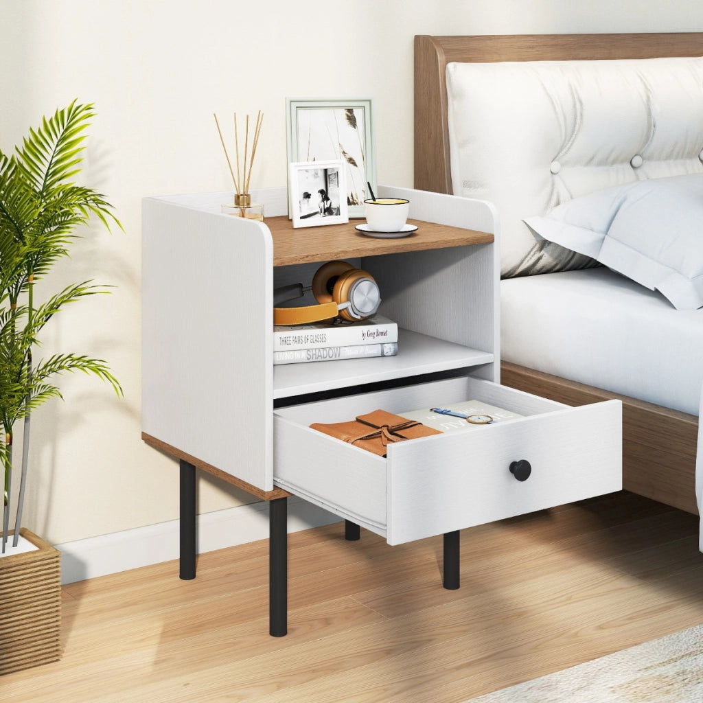 Comodino tavolino da letto con cassetto e ripiano aperto per soggiorno, Comodino camera da letto e spazi ridotti Bianco-Comodini